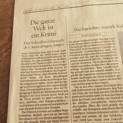 Heute noch auf dem Titel des Tagesspiegel, morgen im Auswärtigen Amt: Eine Welt für dich und mich. #auswaertigesamt #tagesspiegel #detlevbuck #schreibwettbewerb #bookstagram #heinekomm